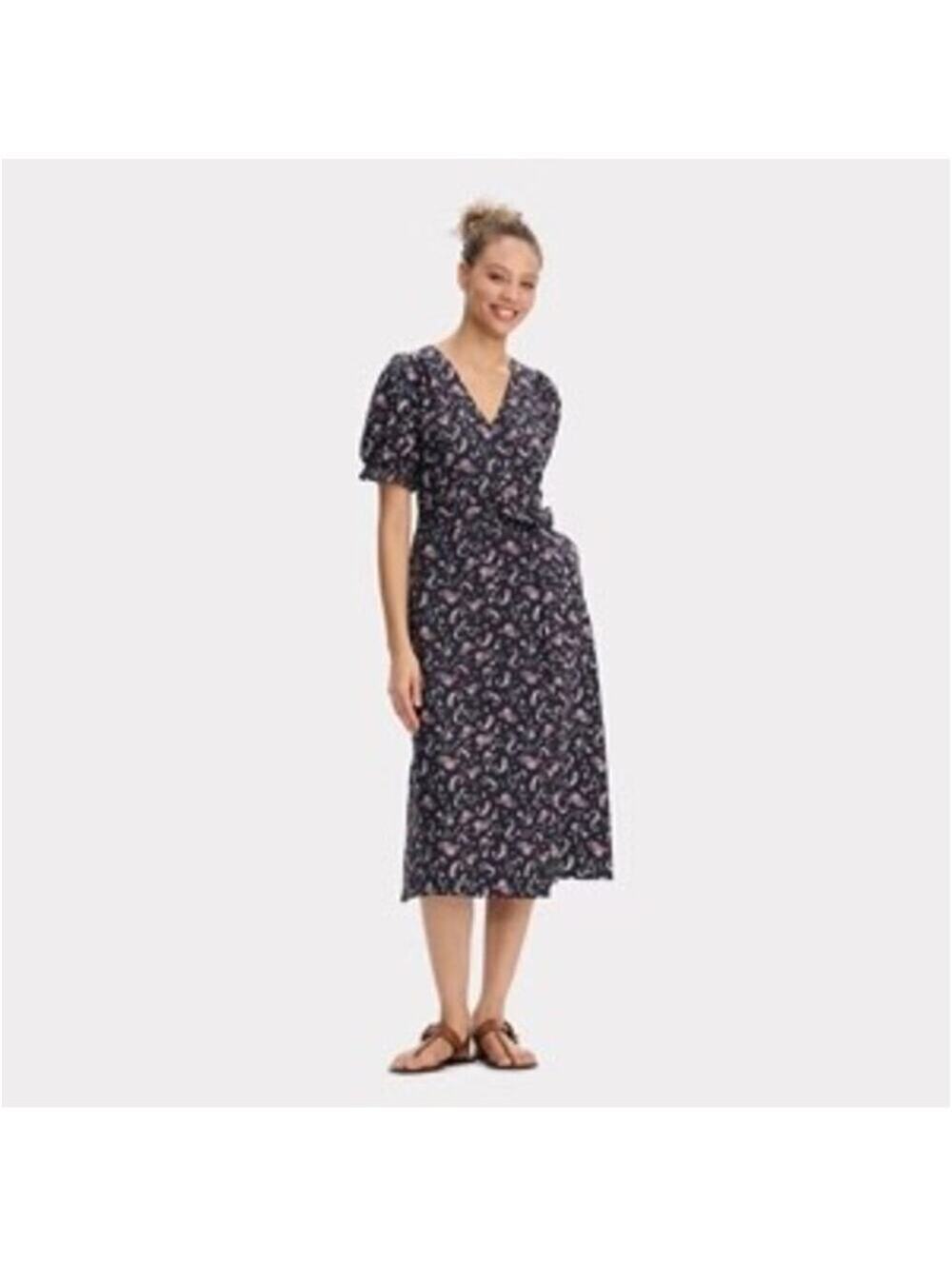 Universal Thread NWT Women's Puff Short Sleeve Midi Wrap Dress Black Paisley L